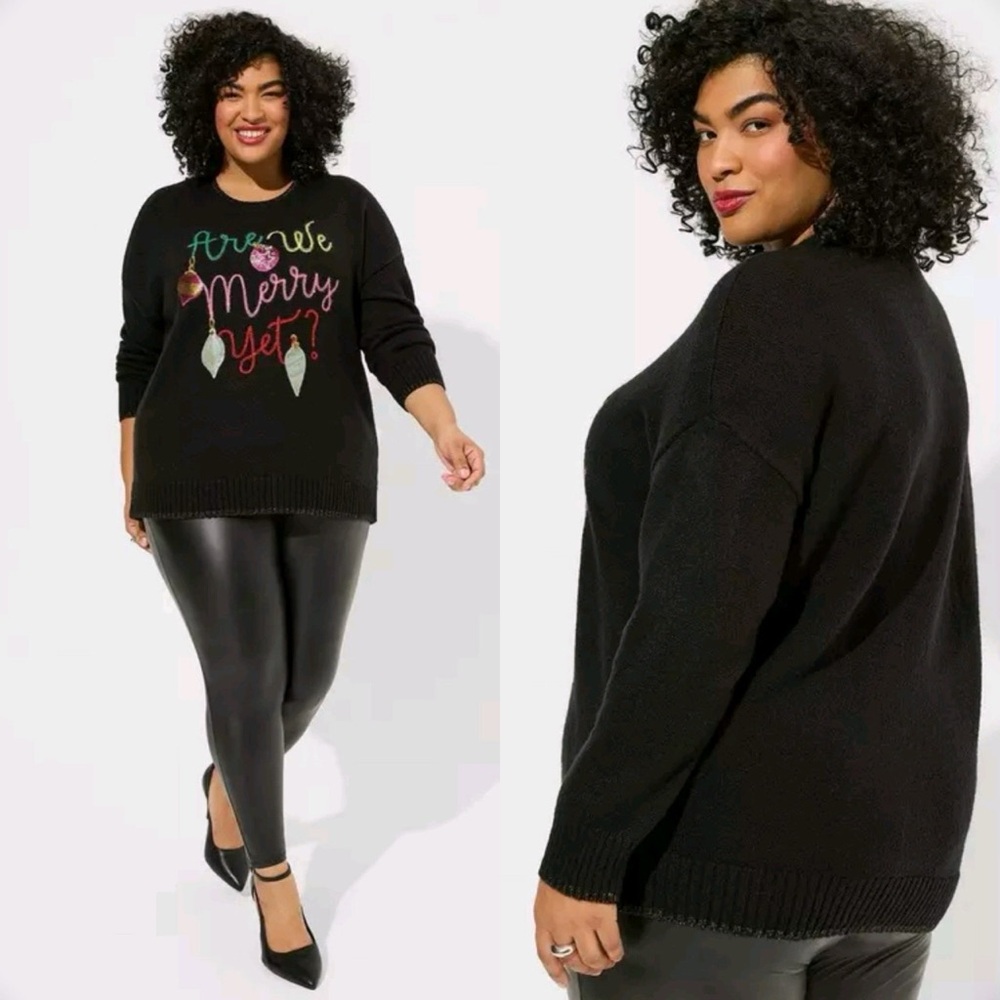 Torrid Merry Are We Merry Yet Black Pullover Crew Sweater Plus Sz 3X 22 24 #295